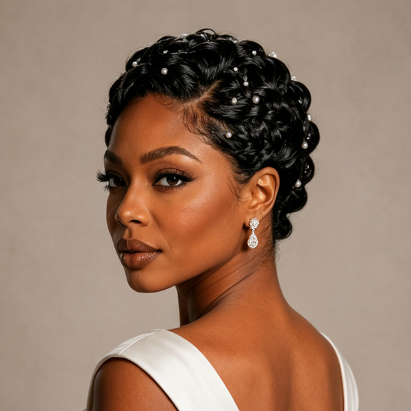 Bequeen 1B Short Cut With Pearl Wave Wedding Wig
