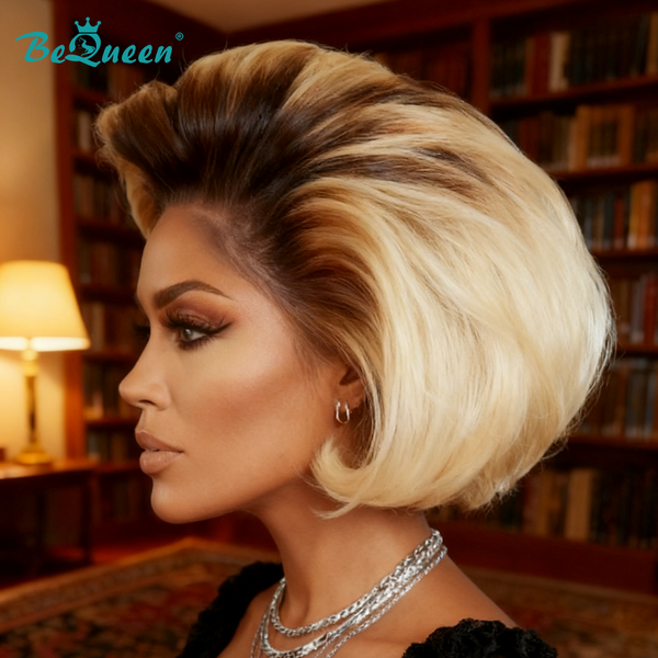 Bequeen Chic Black Root Blonde Bob Lace Wig