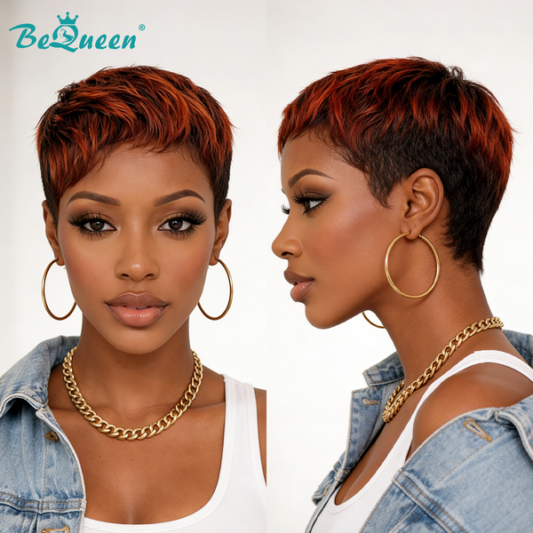 Bequeen Mixed Orange Red Pixie Short Cut Wig