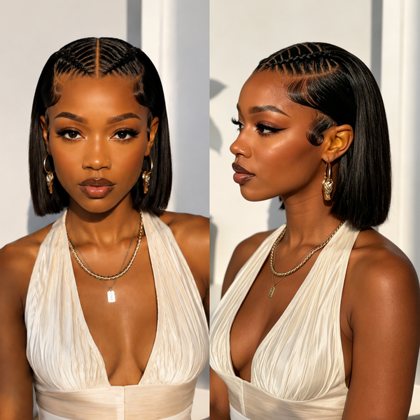 BeQueen Black Frontal Braid Lace Bob 100% Human Hair Wig