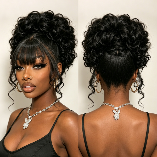 Bequeen Updo Natural Black Bangs Wig