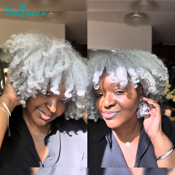 Bequeen Silver White Afro Fleecy Short Bob Wig