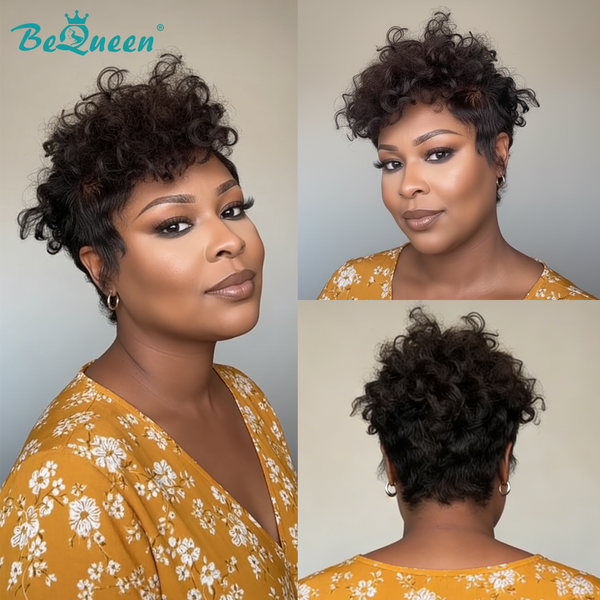 Bequeen 1B Curly Short Cut Pixie Wig-1