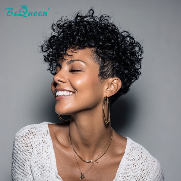 Bequeen 1B Curly Short Cut Side Part Pixie Wig