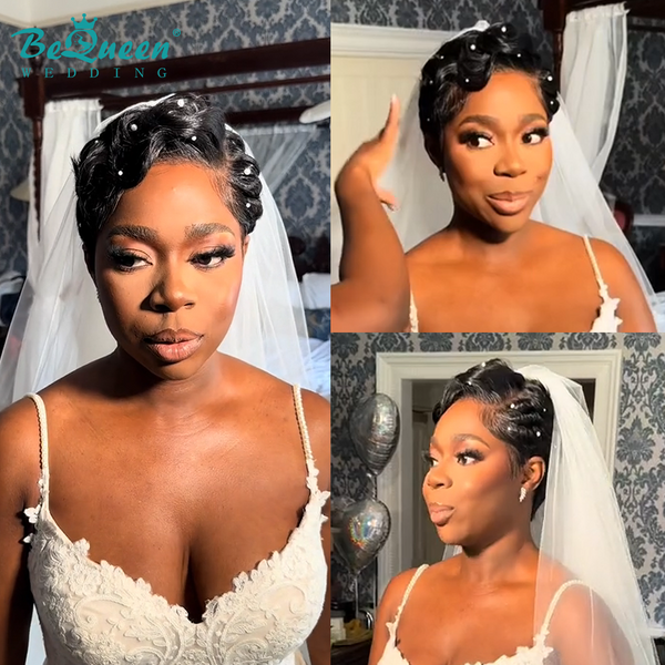 Bequeen 1B Short Cut With Pearl Wave Wedding Wig