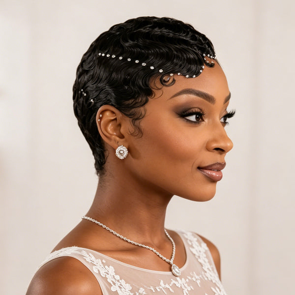 Bequeen 1B Short Cut With Pearl Diva Wedding Wig