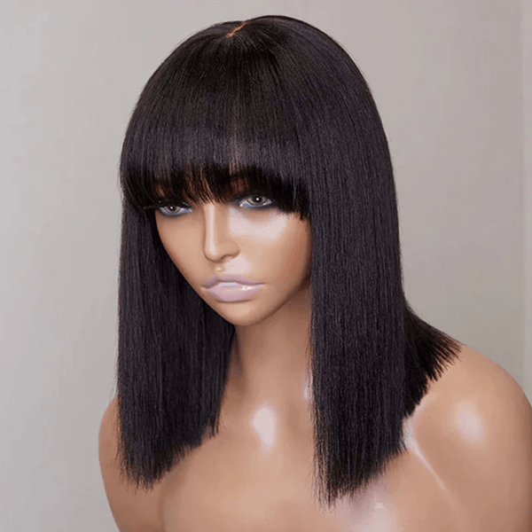 BEQUEEN 1B Straight 100% Virgin Human Hair Machine Made Wig With Bangs BeQueenWig