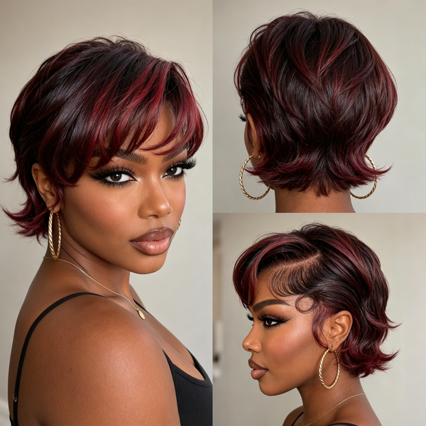 BEQUEEN 13×4 Frontal Lace Side Part Mixed Burgundy Short Cut Full Cap Wig