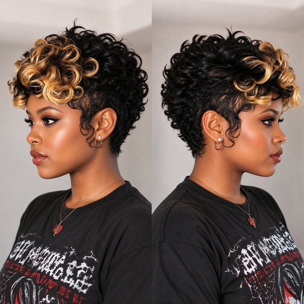 BeQueen 1B Highlight Yellow Curl Frontal Lace Pixie Wig