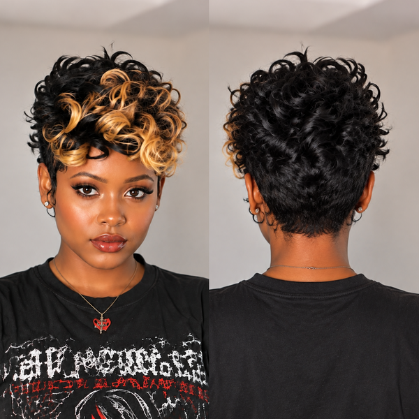BeQueen 1B Highlight Yellow Curl Frontal Lace Pixie Wig