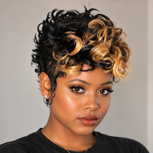 BeQueen 1B Highlight Yellow Curl Frontal Lace Pixie Wig