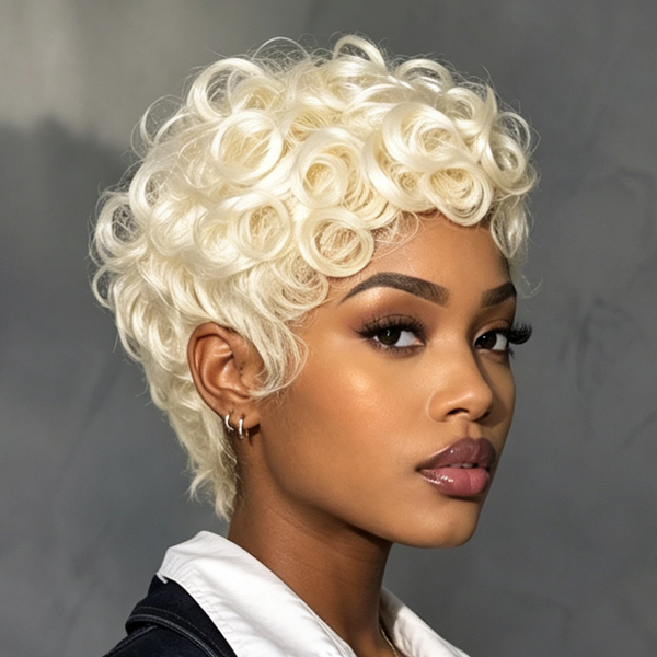 BeQueen White Mixed Blonde Finger Wave Pixie Cut Wig