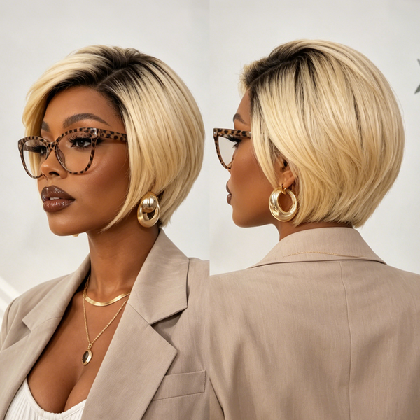 BeQueen Yellow with Black Root Easy On&Off Side Part Short Cut Wig