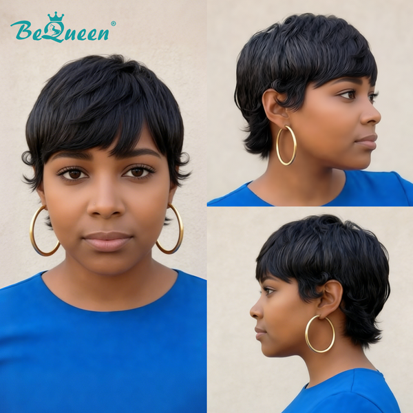 BeQueen 1B Color Pixie Short Wig For Black Woman
