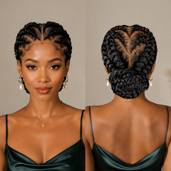 BeQueen Black Color Heart-style Braided With Bun Full Lace Wig