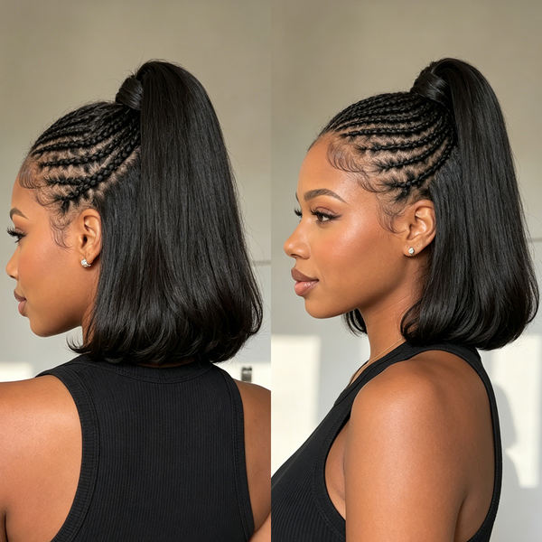 BeQueen Black Frontal Braid With Ponytail Lace Bob 100% Human Hair