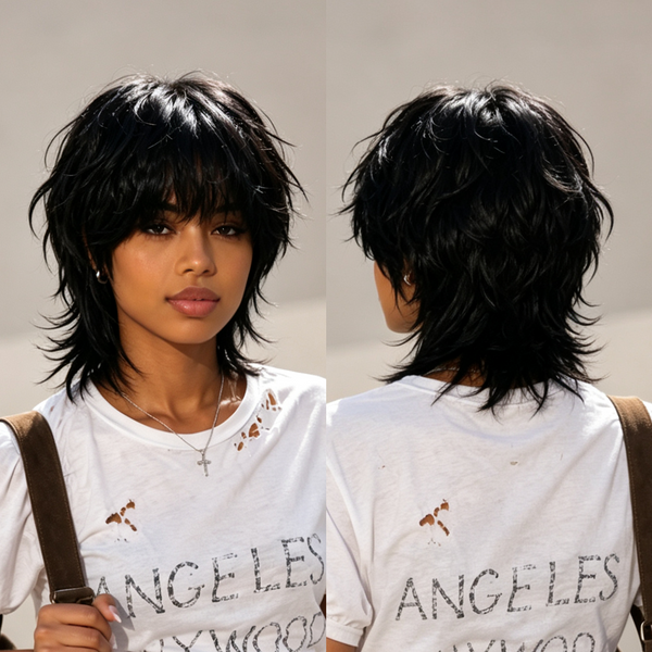 BeQueen Black Natural Style Short Mullet Wig With Bang For Black Women