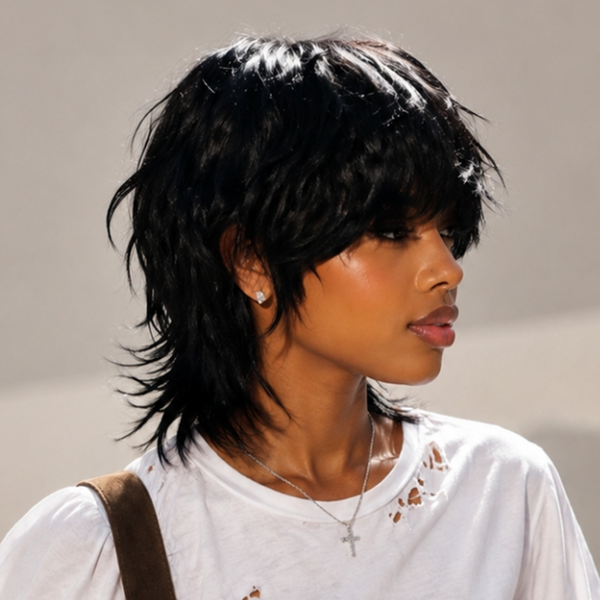 BeQueen Black Natural Style Short Mullet Wig With Bang For Black Women