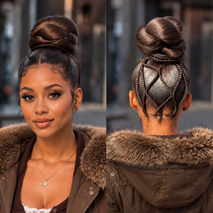 BeQueen Brown #2 Twist Updo Full Lace Braid For Black Women Frontal & Back View