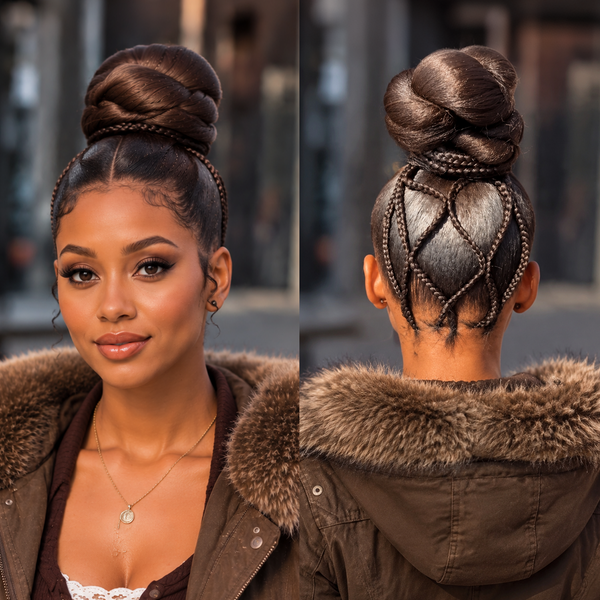 BeQueen Brown #2 Twist Updo Full Lace Braid For Black Women Frontal & Back View