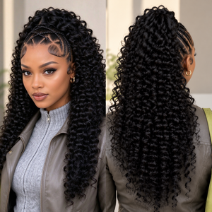 BeQueen Frontal Braid Black Ponytail Fulll Lace 24 Inch 100% Human Hair Frontal View& Back View