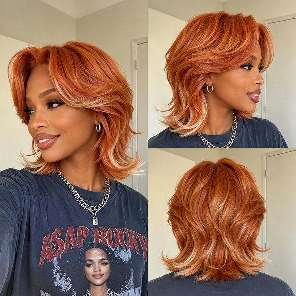 BeQueen Orange Highlight Blonde Natural Wave Frontal Lace Style Short Mullet Full Cap Wig