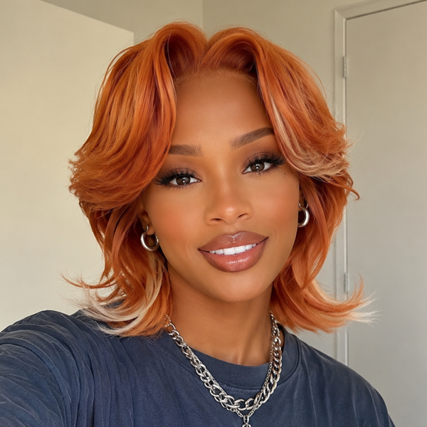 BeQueen Orange Highlight Blonde Natural Wave Frontal Lace Style Short Mullet Full Cap Wig