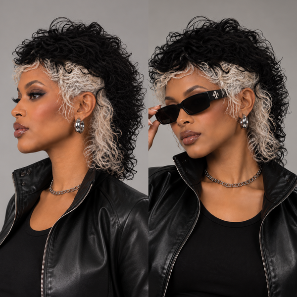 BeQueen Rock Vibe 1B #613 Skunk Stripe Curls Machine Made Mullet Wig