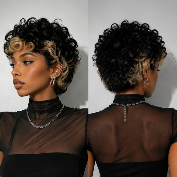 BeQueen Two-tone  Large Jheri Curl Highlight Style Full Cap Wig 100% Human Hair