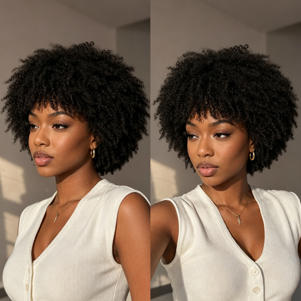 Bequeen 1B 100% Human Hair Curly Short Workout Wig
