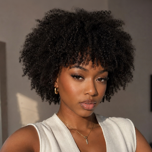 Bequeen 1B 100% Human Hair Curly Short Workout Wig
