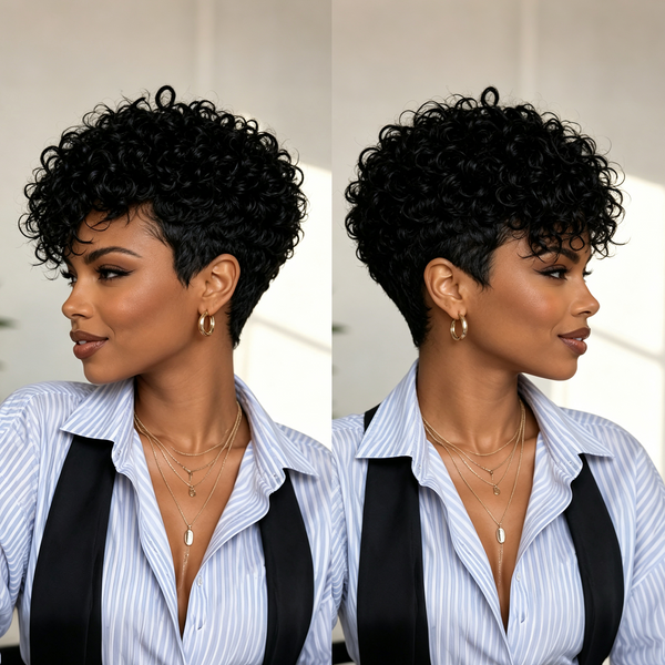Bequeen 1B Curly Short Cut Side Part Pixie Wig