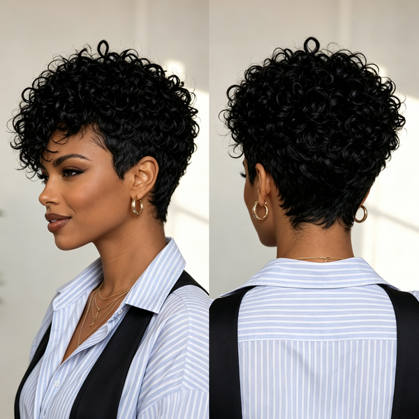 Bequeen 1B Curly Short Cut Side Part Pixie Wig