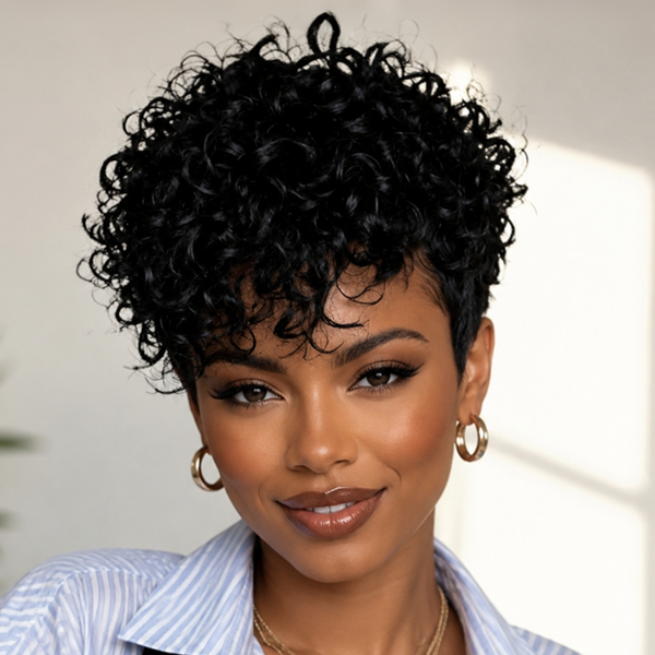 Bequeen 1B Curly Short Cut Side Part Pixie Wig