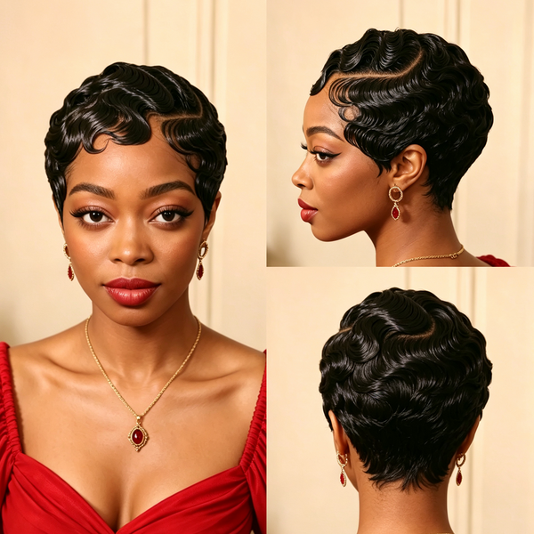 Bequeen 1B Finger Wave Pixie Full Lace Wig