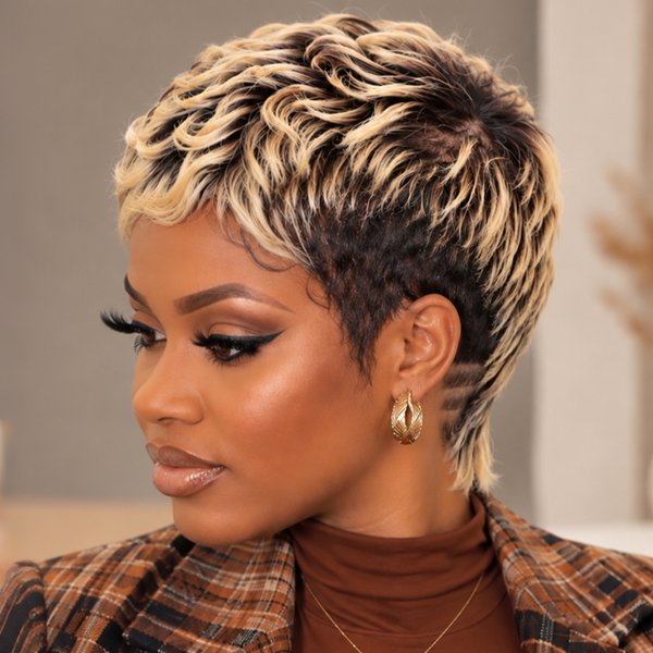 Bequeen 1B Highlight Blonde Pixie Cut Sexy Style Full Lace Wig