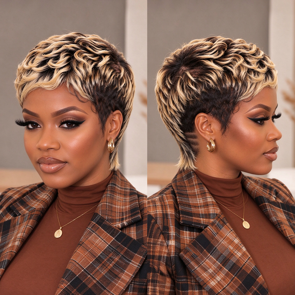 Bequeen 1B Highlight Blonde Pixie Cut Sexy Style Full Lace Wig
