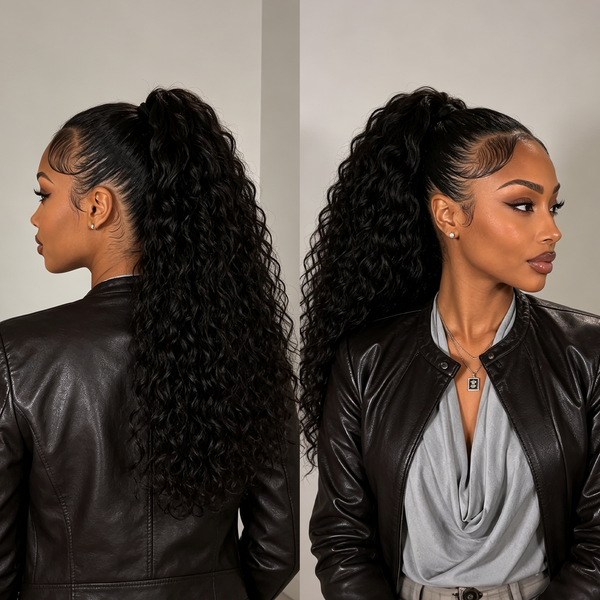 Bequeen 1B Long Curly 100% Human Hair Workout Wig