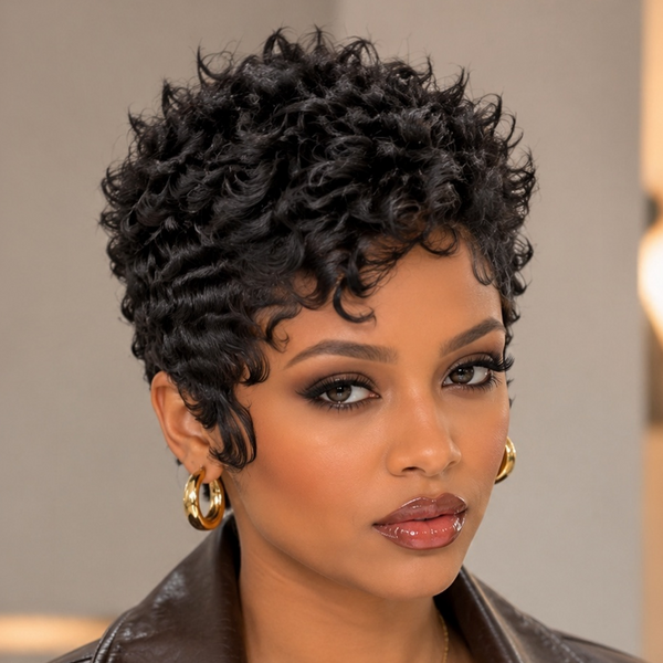 Bequeen 1B Machine Made Pretty Curl Pixie Cut Wig