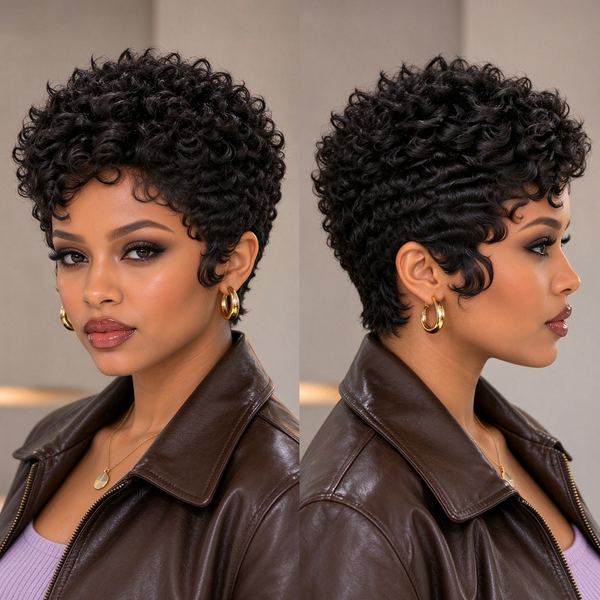 Bequeen 1B Machine Made Pretty Curl Pixie Cut Wig