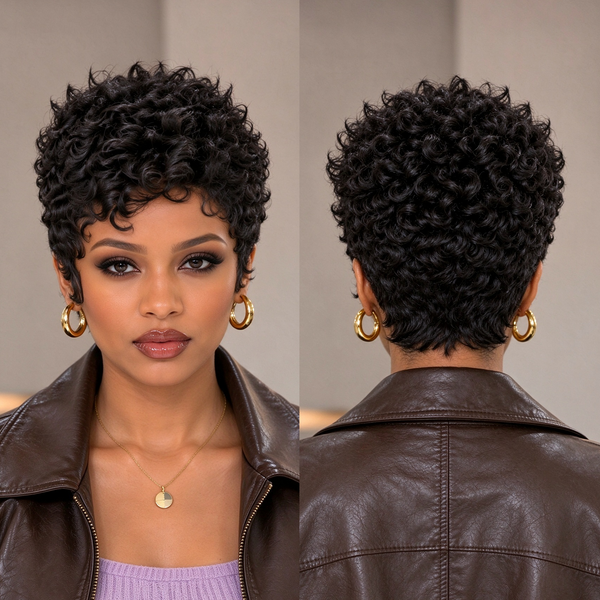 Bequeen 1B Machine Made Pretty Curl Pixie Cut Wig