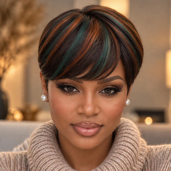 Bequeen 1B Mixed Green & 350 No Lace Pixie Full Cap Wig