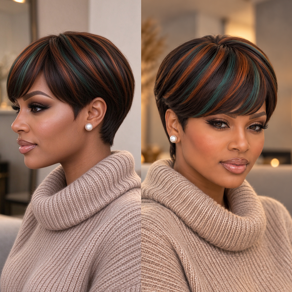 Bequeen 1B Mixed Green & 350 No Lace Pixie Full Cap Wig