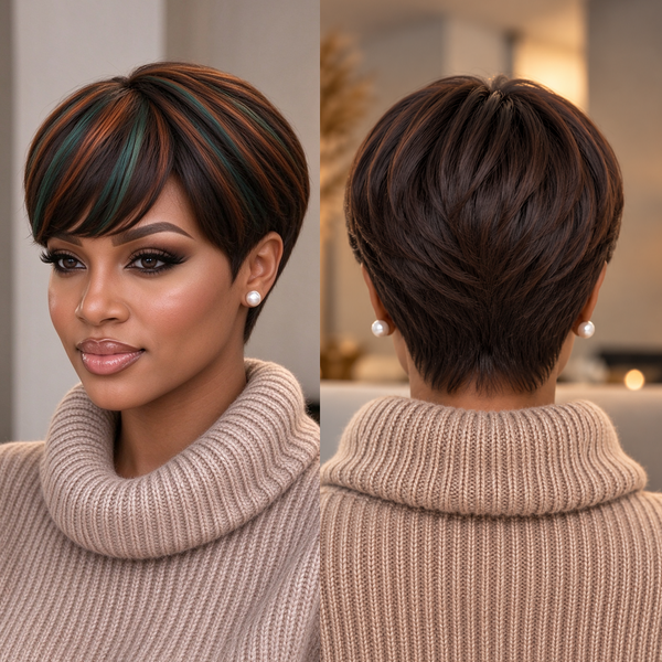 Bequeen 1B Mixed Green & 350 No Lace Pixie Full Cap Wig