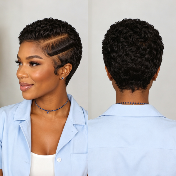 Bequeen 1B Pixie Cut Side Part Water Wave 100% Human Hair Full Lace Wig