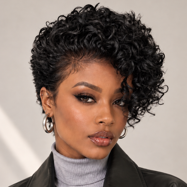 Bequeen 1B Side Part 13×4 Frontal lace Pixie Short Cut Wig