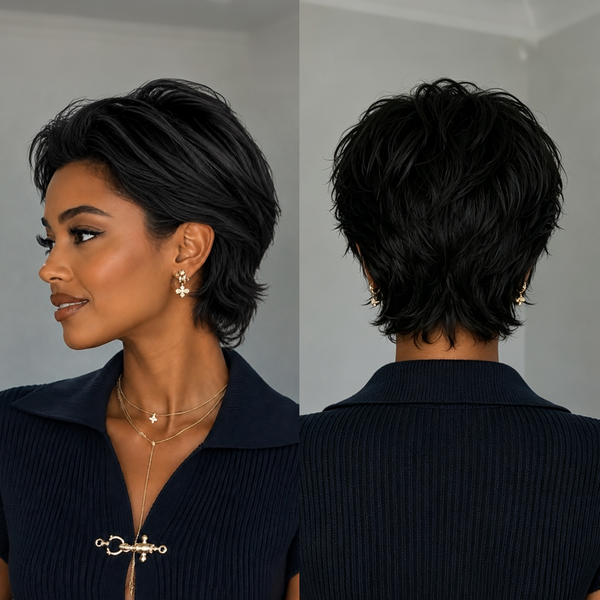 Bequeen 613 Slick Back Black Root Short Cut Pixie Wig