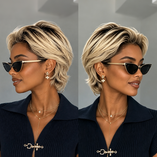 Bequeen 613 Slick Back Black Root Short Cut Pixie Wig