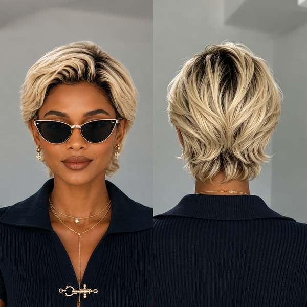 Bequeen 613 Slick Back Black Root Short Cut Pixie Wig