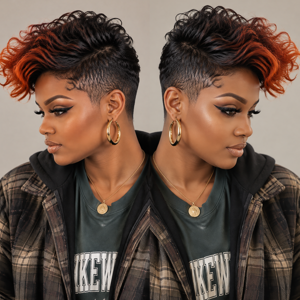 Bequeen Black Color Highlight Orange Frontal Lace Pretty Pixie Wig